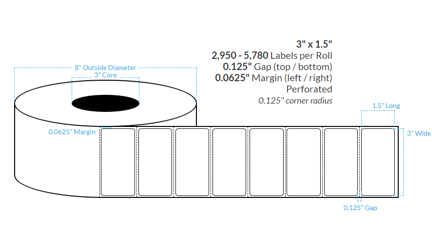 3" x 1.5"  MATTE WHITE Polypropylene BOPP {ROUNDED CORNERS} PERFORATED Roll Labels  (3"CORE/8"OD)