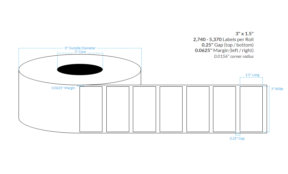 3" x 1.5" HIGH GLOSS WHITE PAPER {RECTANGLE} Roll Labels (3" Core/8" OD)