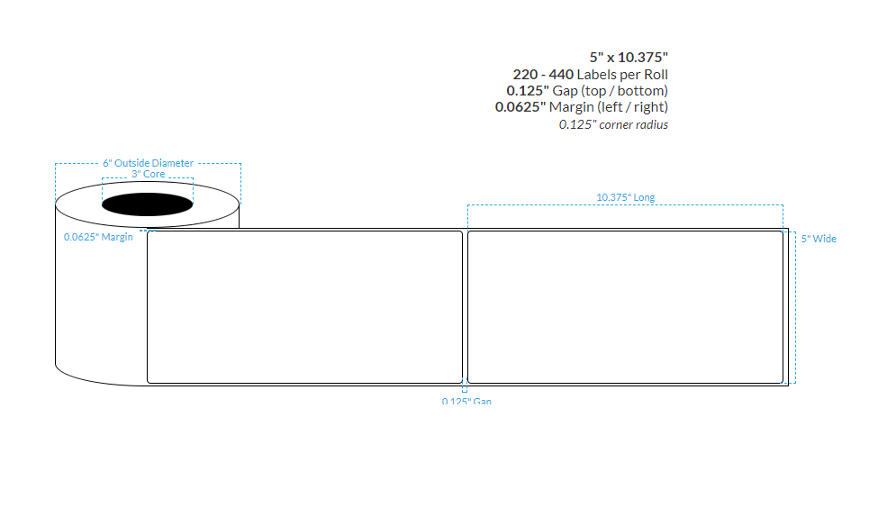 5" x 10.375" SEMI GLOSS WHITE PAPER {ROUNDED CORNERS/MATRIX OFF/TIMING MARKS} Roll Labels (3"CORE/8"OD)