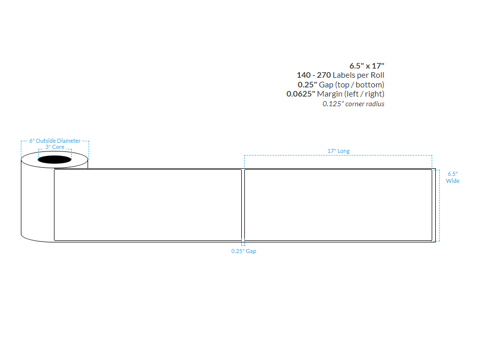 6.5" x 17" SEMI GLOSS WHITE PAPER {ROUNDED CORNERS/MATRIX OFF/TIMING MARKS} Roll Labels (3"CORE/8"OD)