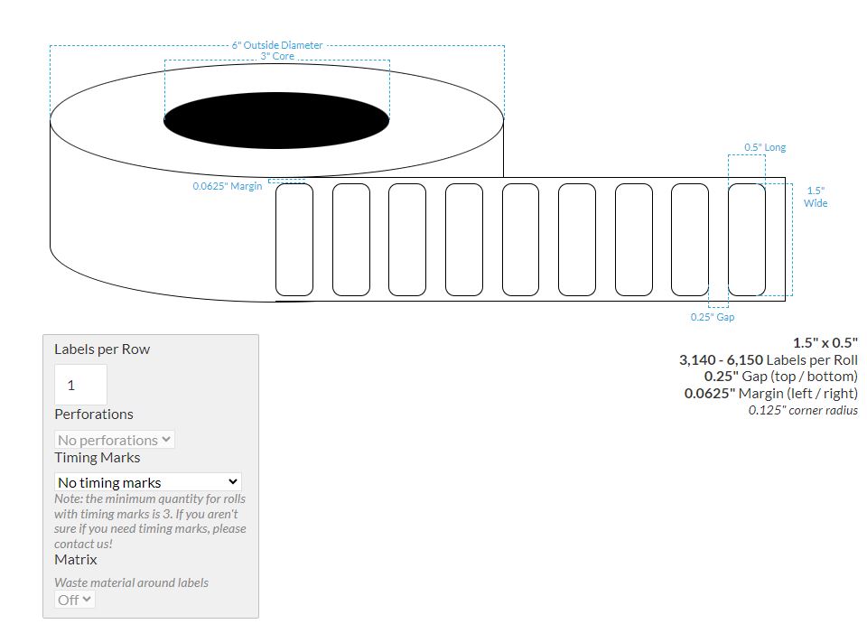 1.5" x 0.5" HIGH GLOSS WHITE Polypropylene BOPP {ROUNDED CORNERS} Roll Labels (PRIMERA LX2000)