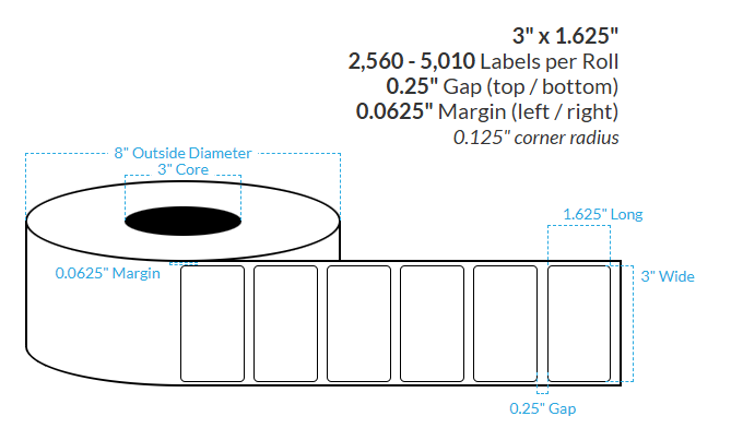 3" x 1.625"  LASER CLEAR PET {ROUNDED CORNERS} Roll Labels  (3"CORE/8"OD)
