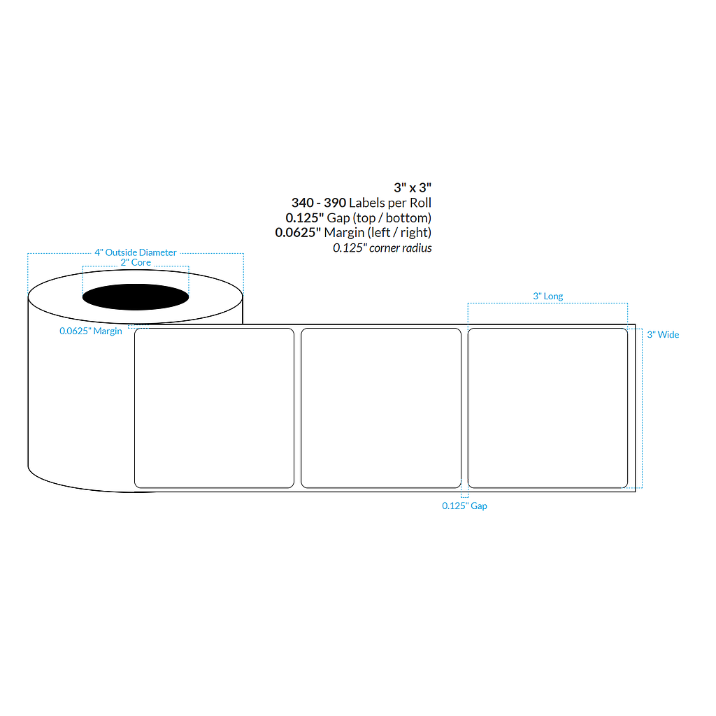 3" x 3" PREMIUM HIGH GLOSS WHITE Polypropylene BOPP {ROUNDED CORNERS} Roll Labels  (2"CORE/4"OD)