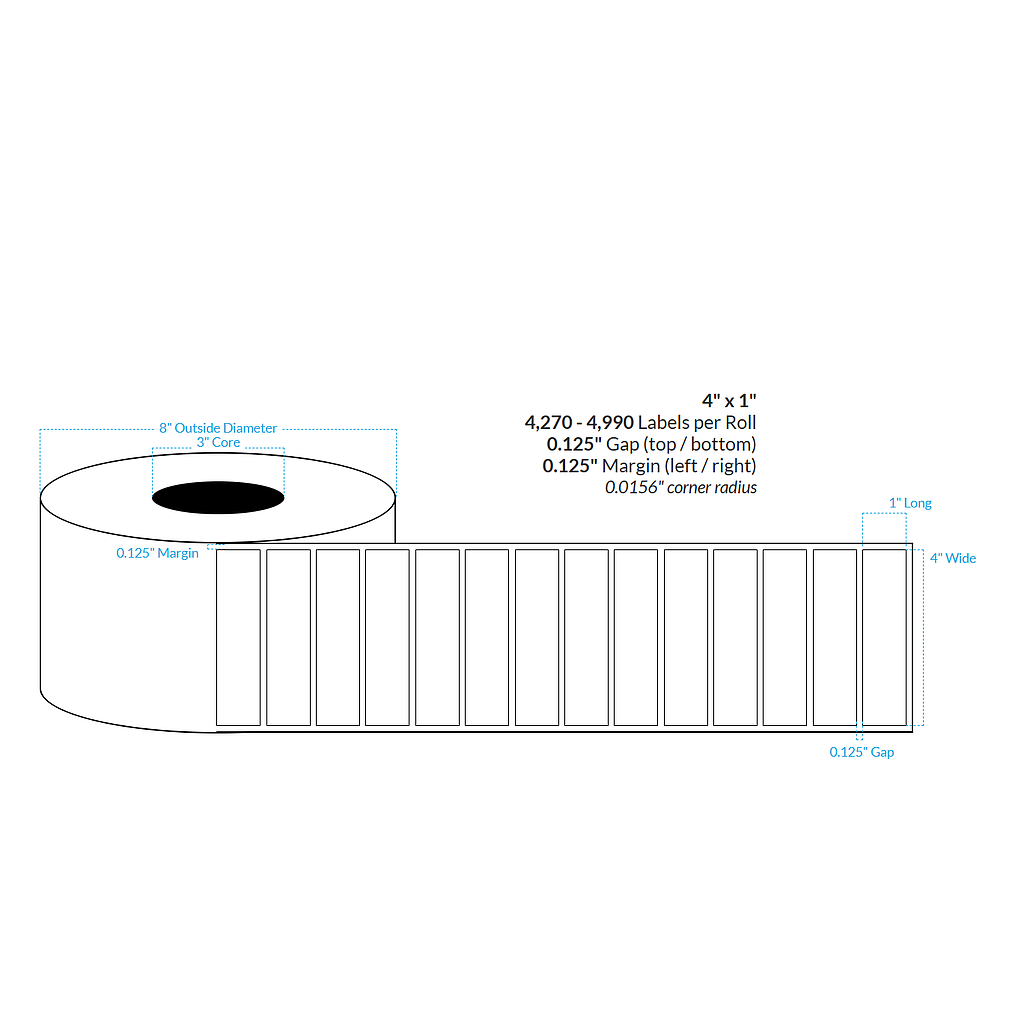 4" x 1" SATIN Polypropylene BOPP {ROUND CORNERS} Roll Labels (2"CORE/4"OD)