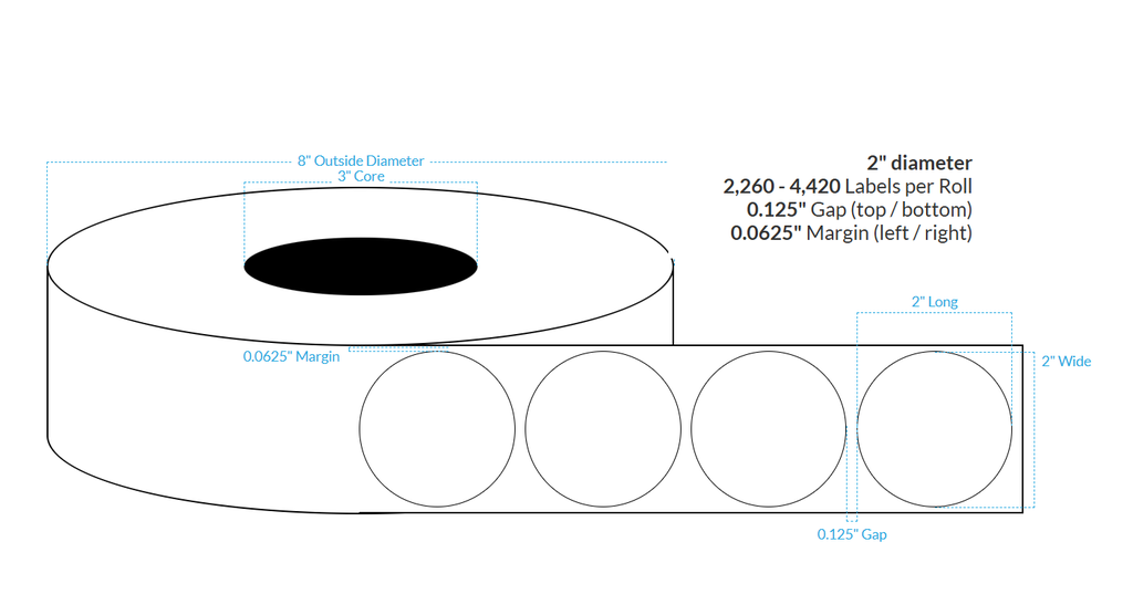 2" HIGH GLOSS WHITE Polypropylene BOPP {CIRCLE} Roll Labels w/Timing Marks (3"CORE/8"OD)