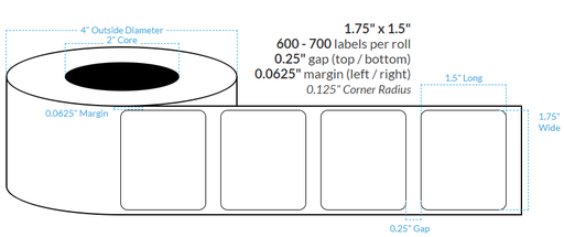 [100591-2X4-CS1-125-1000000] 1.75" x 1.5" SILVER Polypropylene BOPP {ROUNDED CORNERS} Roll Labels (2"CORE/4"OD)