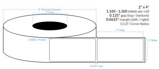 [100594-3X8-R31-161-1000000] 2" x 4" HIGH GLOSS WHITE Polypropylene BOPP {ROUNDED CORNERS} Roll Labels  (3"CORE/8"OD)