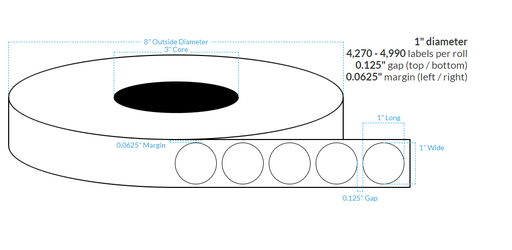 [100567-3X8-G21-138-1110000] 2" HIGH GLOSS WHITE PAPER {CIRCLE} Roll Labels w/Timing Marks  (3"CORE/8"OD)