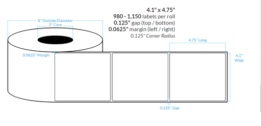 [101326-3X8-R413-110-1000000] 4.1" x 4.75" MATTE WHITE Polypropylene BOPP {ROUNDED CORNERS} Roll Labels (3"CORE/8"OD)