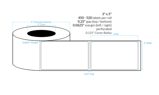 [100537-3X8-R413-129-1000000] 3" x 5"  MATTE WHITE Polypropylene BOPP {ROUNDED CORNERS} Roll Labels  (3"CORE/8"OD)