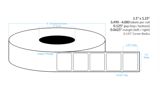 [100073-3X8-C81-161-1000000] 1.5" x 1.25"  SEMI GLOSS WHITE PAPER {ROUNDED CORNERS} Roll Labels (3"CORE/8"OD)