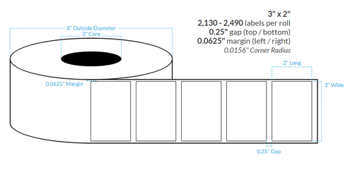 [102111-3X8-R413-182-1000000] 3" x 2"  MATTE WHITE Polypropylene BOPP {SQUARE CORNERS} Roll Labels  (3"CORE/8"OD)