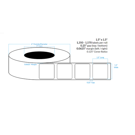 [100714-3X6-WC5-149-1100000] 1.5" x 1.5"  INKJET CLEAR POLYPROPYLENE (BOPP) {ROUNDED CORNERS} Roll Labels (3"CORE/6"OD)