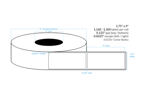 [101994-3X8-G21-161-1000000] 1.75" x 4" HIGH GLOSS WHITE PAPER {SQUARE CORNERS} Roll Labels  (3"CORE/8"OD)