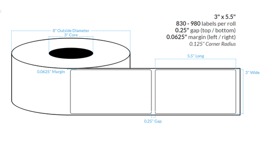 [100539-3X8-R31-110-1000000] 3" x 5.5"  HIGH GLOSS WHITE Polypropylene BOPP {ROUNDED CORNERS} Roll Labels (3"CORE/8"OD)