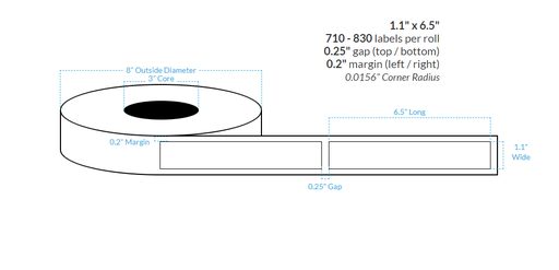 [102471-3X8-R31-161-1000000] 1.1" x 6.5" HIGH GLOSS WHITE Polypropylene BOPP {SQUARE CORNERS} Roll Labels  (3"CORE/8"OD)