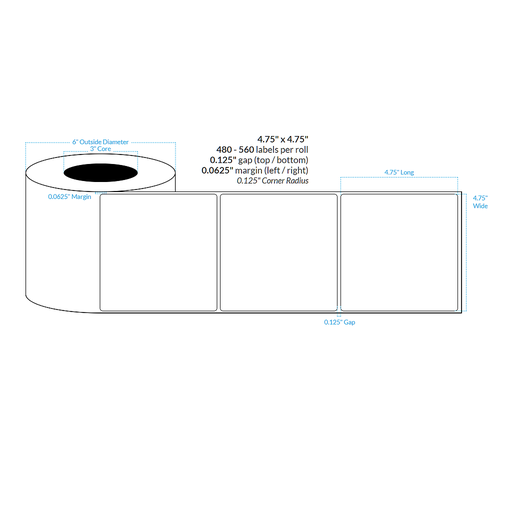 [101265-3X6-W31-151-1000000] 4.75" x 4.75" PREMIUM HIGH GLOSS WHITE Polypropylene BOPP {ROUNDED CORNERS} Roll Labels (3"CORE/6"OD)