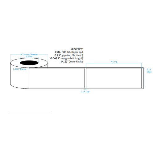 [100734-3X6-W31-151-1000000] 3.23" X 9" PREMIUM HIGH GLOSS WHITE Polypropylene BOPP {ROUNDED CORNERS} Roll Labels  (3"CORE/6"OD)