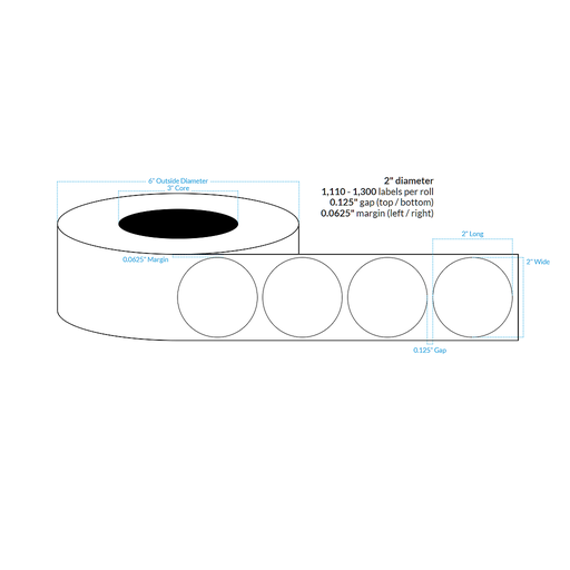 [100567-3X6-W31-151-1000000] 2" PREMIUM HIGH GLOSS WHITE Polypropylene BOPP {CIRCLE} Roll Labels (3"CORE/6"OD)