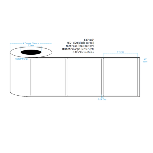 [103548-3X6-W31-151-1000000] 5.5" X 5" PREMIUM HIGH GLOSS WHITE Polypropylene BOPP {ROUNDED CORNERS} Roll Labels (3"CORE/6"OD)