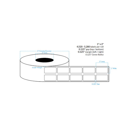 [101577-3X8-G21-161-2000000] 1" x 2" 2-ACROSS HIGH GLOSS WHITE {ROUNDED CORNERS} Roll Labels  (3"CORE/8"OD)