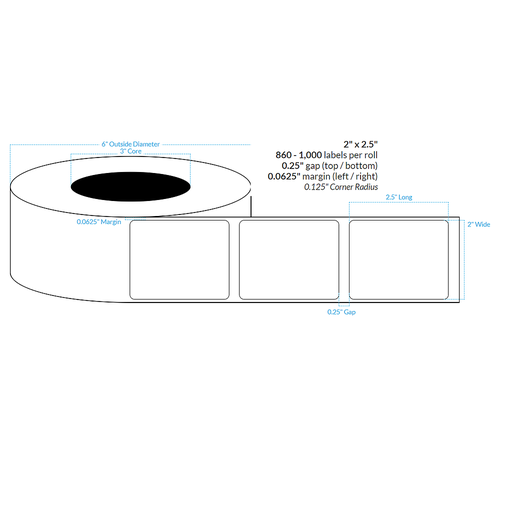 [100713-3X6-R31-182-1000000] 2" x 2.5" HIGH GLOSS WHITE Polypropylene BOPP {ROUNDED CORNERS} Roll Labels  (3"CORE/6"OD)