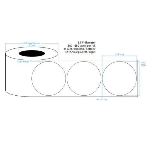 [102465-3X6-R31-158-1100000] 3.93" HIGH GLOSS WHITE Polypropylene BOPP {CIRCLE} Roll Labels w/Timing Marks (3"CORE/6"OD)