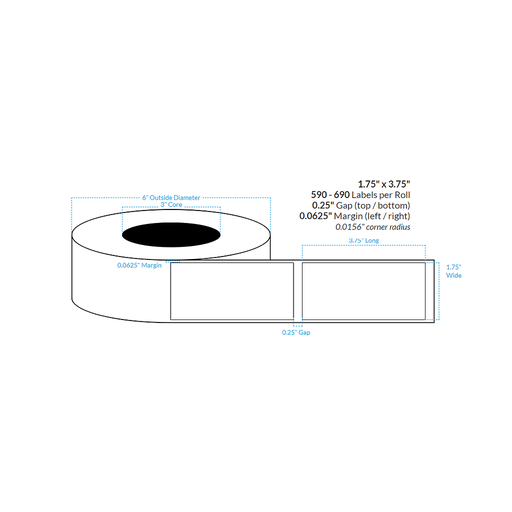 [101015-3X6-R413-130-1000000] 1.75" x 3.75" MATTE WHITE Polypropylene BOPP {RECTANGLE} Roll Labels  (3"CORE/6"OD)