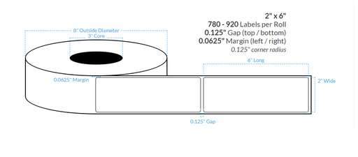 [100458-3X8-R413-110-1000000] 2" x 6" MATTE WHITE Polypropylene  BOPP {ROUNDED CORNERS} Roll Labels (3"CORE/8"OD)