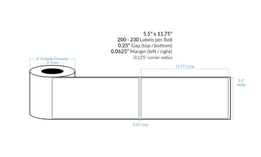 [104055-3X6-W31-162-1000000] 5.5" X 11.75" PREMIUM HIGH GLOSS WHITE Polypropylene BOPP {SQUARE CORNERS} Roll Labels  (3"CORE/6"OD)