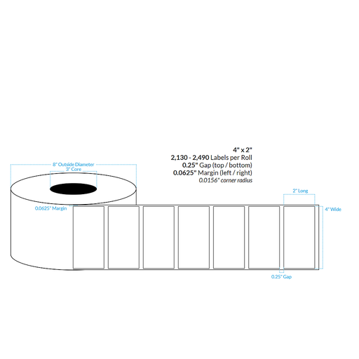 [100257-3X8-R31-160-1000000] 4" x 2" HIGH GLOSS WHITE Polypropylene BOPP {SQUARE CORNERS} Roll Labels (3"CORE/8"OD)