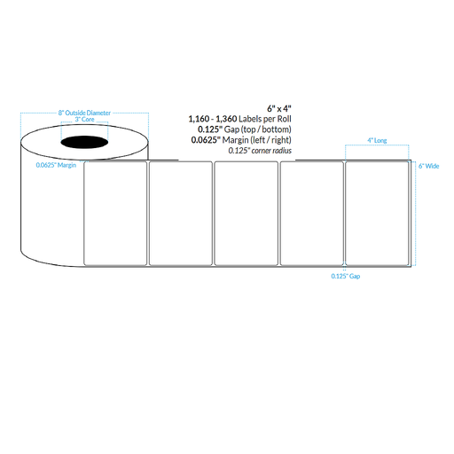 [100685-3X8-G11-181-1000000] 6" X 4" MATTE WHITE PAPER {ROUNDED CORNERS} Roll Labels  (3"CORE/8"OD)