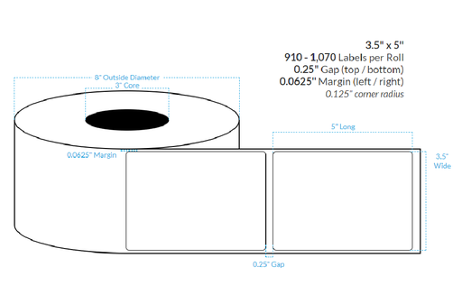 [100370-3X8-HGB-182-1000000] 3.5" x 5" HIGH GLOSS WHITE Polypropylene (BOPP) {ROUNDED CORNERS} Roll Labels  (3"CORE/8"OD)