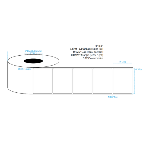 [100859-3X8-WC5-161-1100000] 4" X 3" INKJET CLEAR Polypropylene BOPP {ROUNDED CORNERS} Roll Labels  (3"CORE/8"OD)