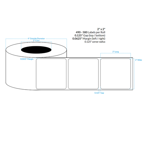 [100707-2X4-R413-195-1000000] 2" x 2"  MATTE WHITE Polypropylene BOPP {ROUNDED CORNERS} Roll Labels  (2"CORE/4"OD)