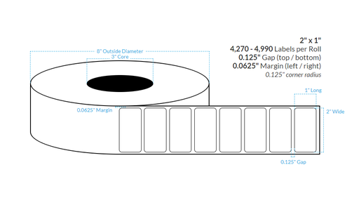 [102455-3X8-R31-129-1000000] 2" x 1" HIGH GLOSS WHITE Polypropylene BOPP {SQUARE CORNERS} Roll Labels (3"CORE/8"OD)