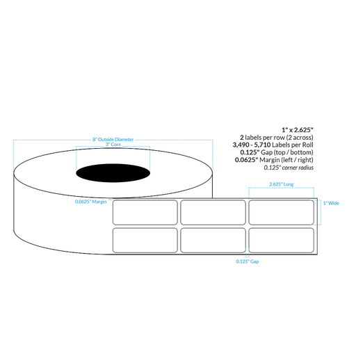 [100187-3X8-WC5-143-2100000] 1" X 2.625" INKJET CLEAR Polypropylene BOPP {ROUNDED CORNERS} Roll Labels  (3"CORE/8"OD)