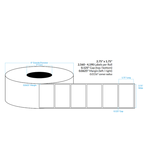 [101300-3X8-R413-161-1000000] 2.75" x 1.75" MATTE WHITE Polypropylene BOPP {SQUARE CORNERS} Roll Labels (3"CORE/8"OD)