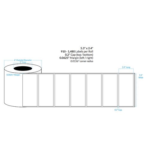 [101303-3X6-R31-113-1000000] 5.3" X 2.4" HIGH GLOSS WHITE Polypropylene BOPP {SQUARE CORNERS} Roll Labels  (3"CORE/6"OD)