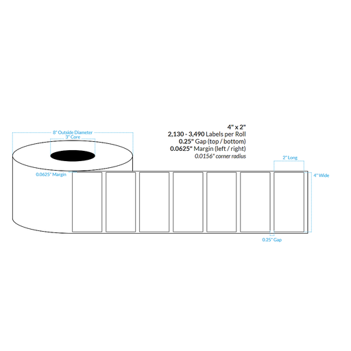 [100257-3X8-R37-110-1000000] 4" x 2" REMOVABLE HIGH GLOSS WHITE Polypropylene BOPP {SQUARE CORNERS} Roll Labels (3"CORE/8"OD)