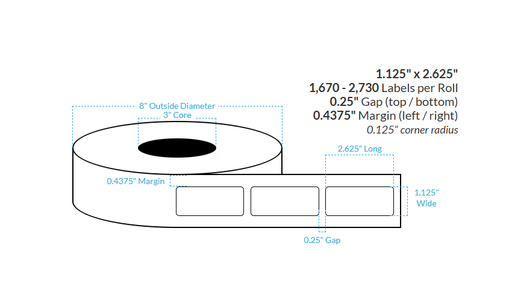 [100515-3X8-R413-161-1000000] 1.125" x 2.625" MATTE WHITE Polypropylene BOPP {ROUNDED CORNERS} Roll Labels  (3"CORE/8"OD)