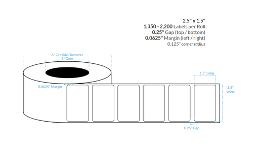 [101625-3X6-R31-113-1000000] 2.5" x 1.5" HIGH GLOSS WHITE Polypropylene BOPP {ROUNDED CORNERS} Roll Labels (3"CORE/6"OD)