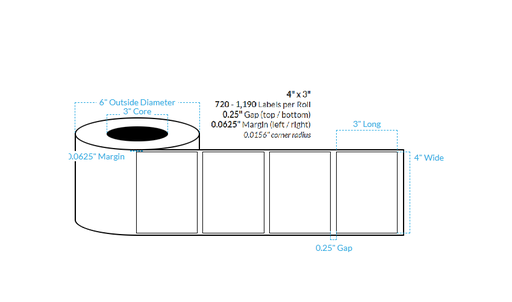 [100265-3X6-G11-149-1000000] 4" x 3" MATTE WHITE PAPER {SQUARE CORNERS} Roll Labels (3"Core/6"OD)