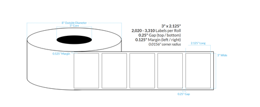 [103953-3X8-R2B-129-1000000] 3" x 2.125" HIGH GLOSS WHITE Paper {SQUARE CORNERS} Roll Labels  (3"CORE/8"OD)