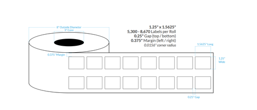 [101336-3X8-R31-129-2000000] 1.25" x 1.5625" 2-ACROSS HIGH GLOSS WHITE Polypropylene BOPP {SQUARE CORNERS} Roll Labels  (3"CORE/8"OD)