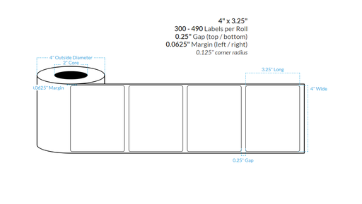 [101226-2X4-R31-125-1000000] 4" x 3.25" HIGH GLOSS WHITE Polypropylene BOPP {ROUNDED CORNERS} Roll Labels  (2"CORE/4"OD)