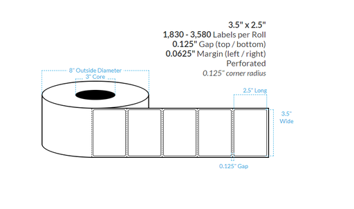 [104916-3X8-R483-182-1000000] 3.5" x 2.5" MATTE WHITE Polypropylene PERFORATED (BOPP) {ROUNDED CORNERS} Roll Labels  (3"CORE/8"OD)