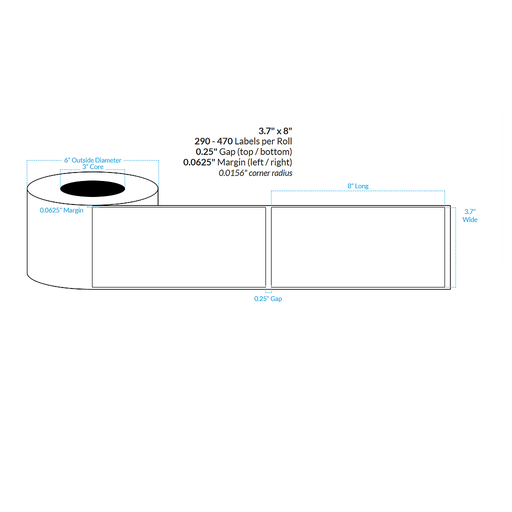 [103905-3X6-C81-151-1000000] 3.7" x 8" SEMI GLOSS WHITE PAPER {SQUARE CORNERS} Roll Labels  (3"CORE/6"OD)