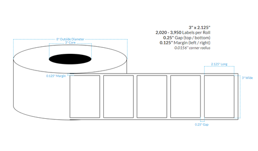 [103953-3X8-R31-129-1000000] 3" x 2.125" HIGH GLOSS WHITE Polypropylene BOPP {SQUARE CORNERS}  Roll Labels (3" Core/8" OD)