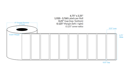 [101932-3X8-R31-115-1000000] 6.75" X 2.25" HIGH GLOSS WHITE BOPP Polypropylene {ROUNDED CORNERS} Roll Labels  (3"CORE/8"OD)